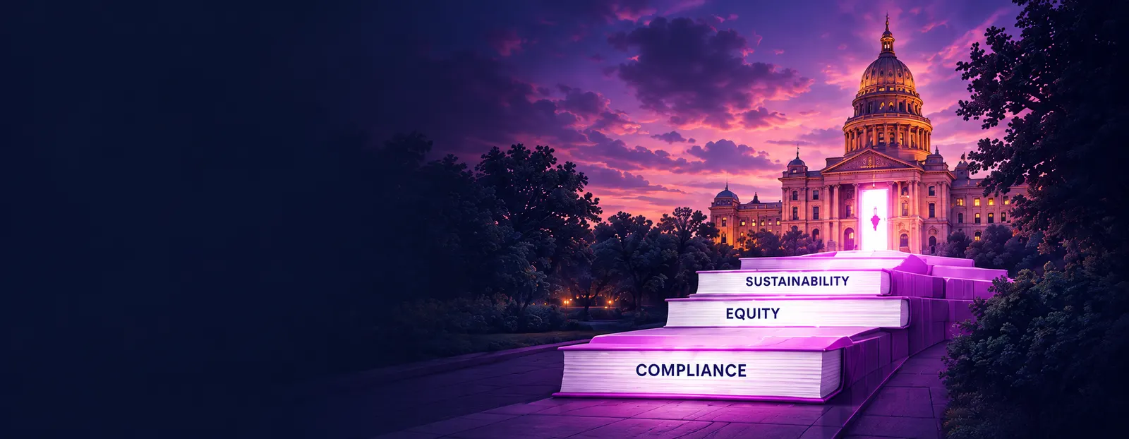 Illuminated book-page steps labeled Compliance, Equity, and Sustainability lead to the Texas State Capitol entrance.